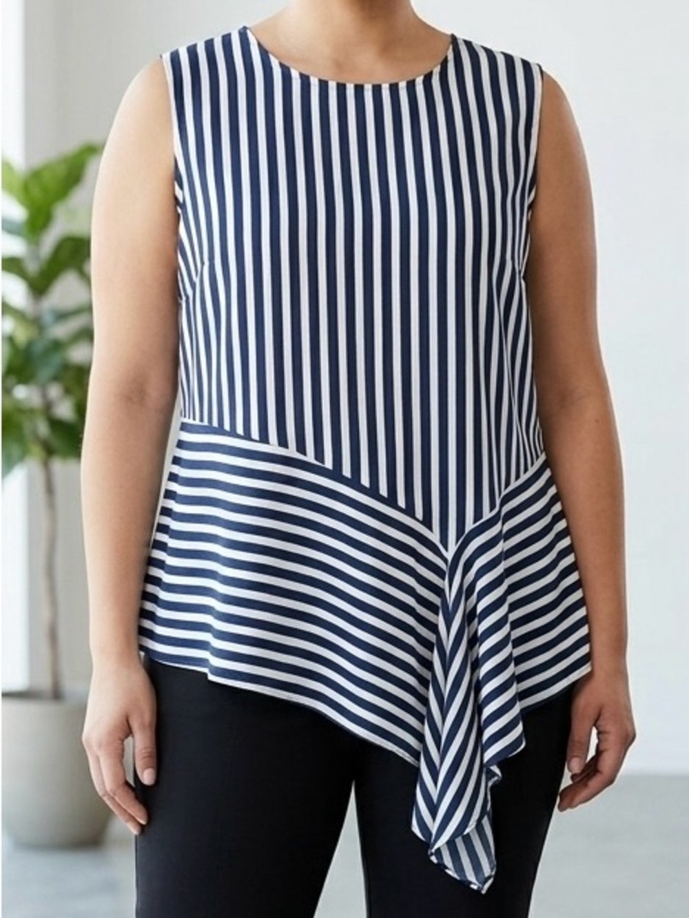 Vince Camuto Striped Asymmetrical Peplum Blouse Navy Blue Cream Sz L Career EUC
